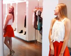 Rapariga muito jovem em frente ao espelho a experimentar roupa nova. A imagem ilustra como o corpo de uma jovem muda durante a puberdade.