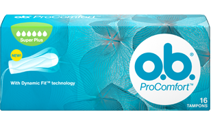 Imagem de uma embalagem de o.b.® ProComfort™ Super Plus. O produto tem seis gotículas, que indicam que é recomendado para os dias de fluxo abundante a muito abundante.