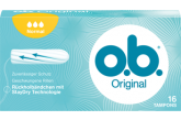 Imagem de uma embalagem de o.b.® Original Normal. O produto tem três gotículas, que indicam que é recomendado para fluxo moderado.