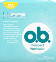 Imagem de uma embalagem de o.b.® Compact Normal com Aplicador. O produto tem três gotículas, que indicam que é recomendado para fluxo moderado.