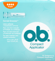 Imagem de uma embalagem de o.b.® Compact Super com Aplicador. O produto tem quatro gotículas, que indicam que é recomendado para os dias de fluxo moderado a abundante.