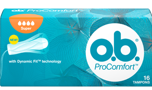Imagem de uma embalagem de o.b.® ProComfort™ Super. O produto tem quatro gotículas, que indicam que é recomendado para os dias de fluxo moderado a abundante.